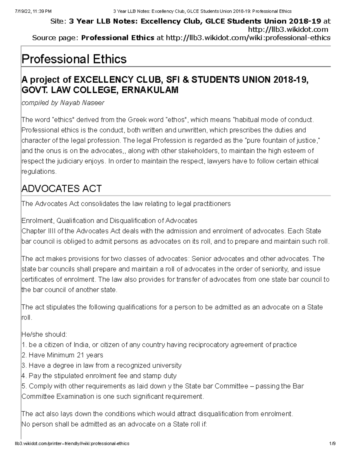 3 Year LLB Notes , GLCE Students Union 201819 Professional Ethics