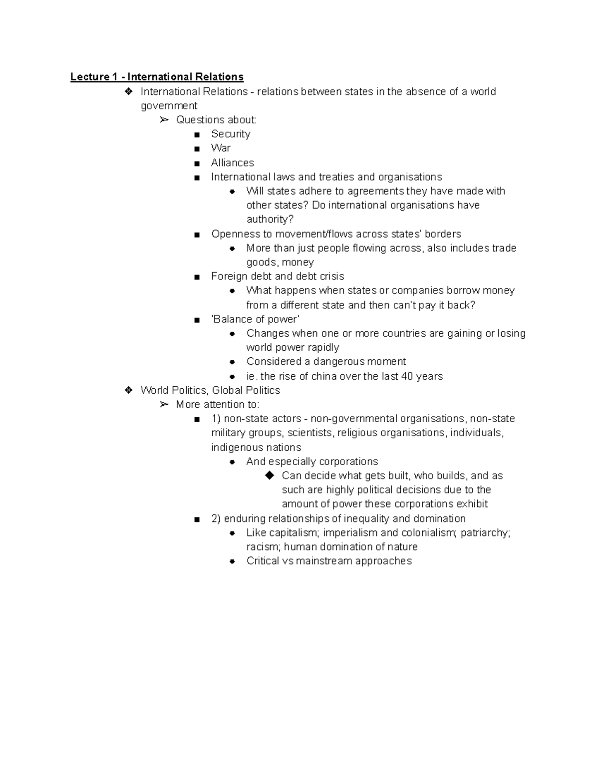 PO102 notes - Lecture 1 - International Relations International ...