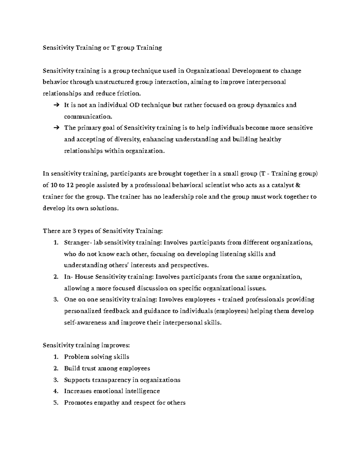 Sensitivity Training or T group Training Sensitivity Training or T