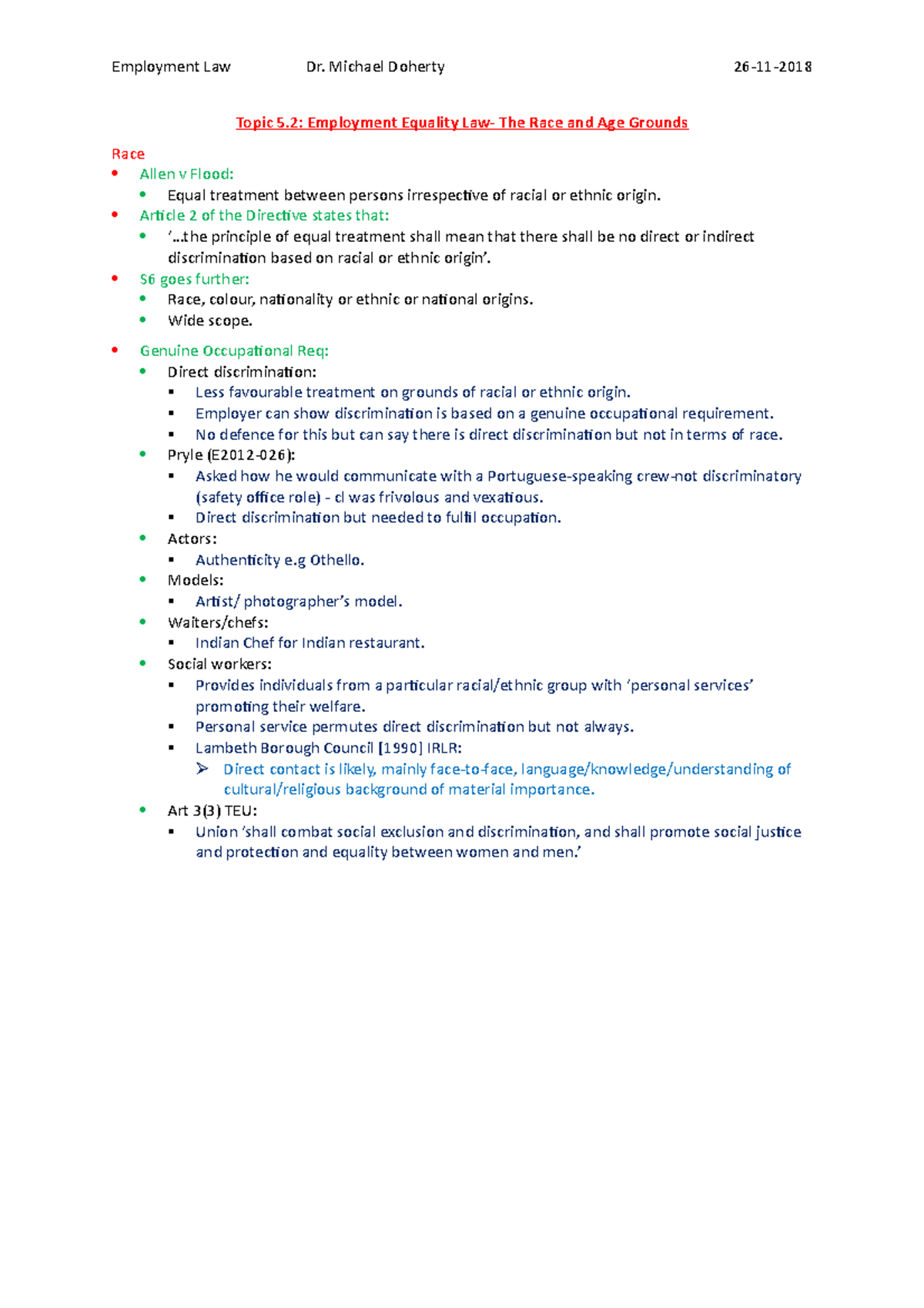 Lecture 17- 26-11-2018 - Topic 5: Employment Equality Law- The Race and ...