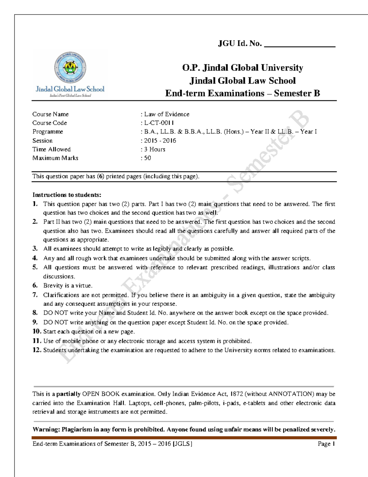 Past year Paper - JGU Id. No. _________________ Course Name : Law of ...