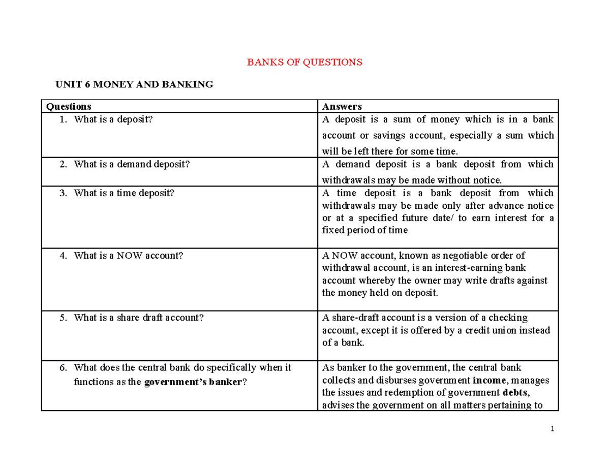 BanksOF Questions tiếng anh BANKS OF QUESTIONS UNIT 6 MONEY AND