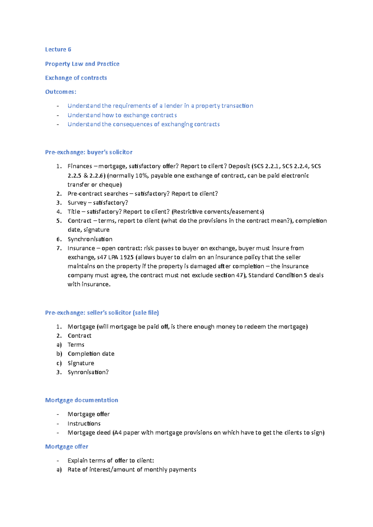 Lecture 6 Exchange of contract Lecture 6 Property Law and Practice Exchange of contracts