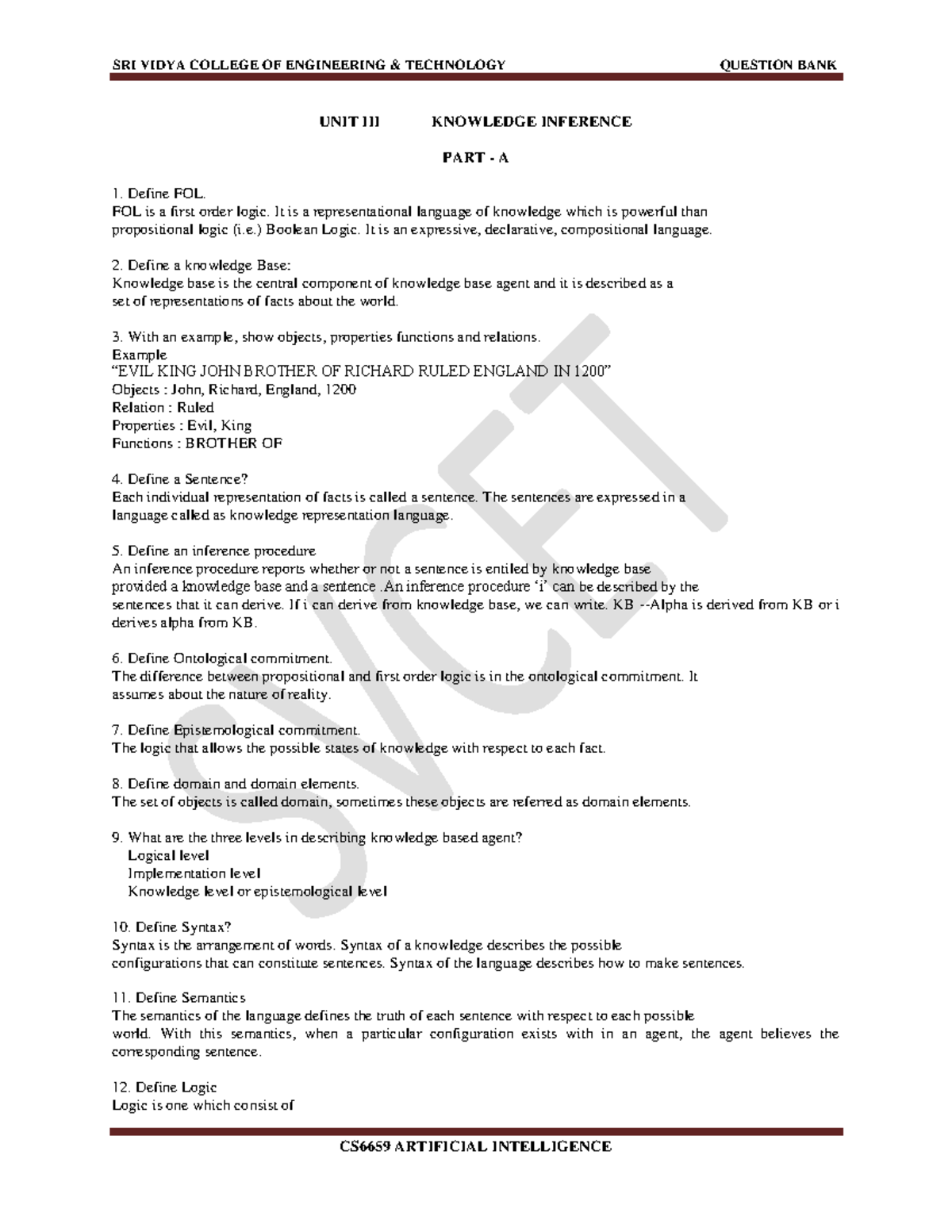 QB104653 - refer it - UNIT III KNOWLEDGE INFERENCE PART - A Define FOL ...