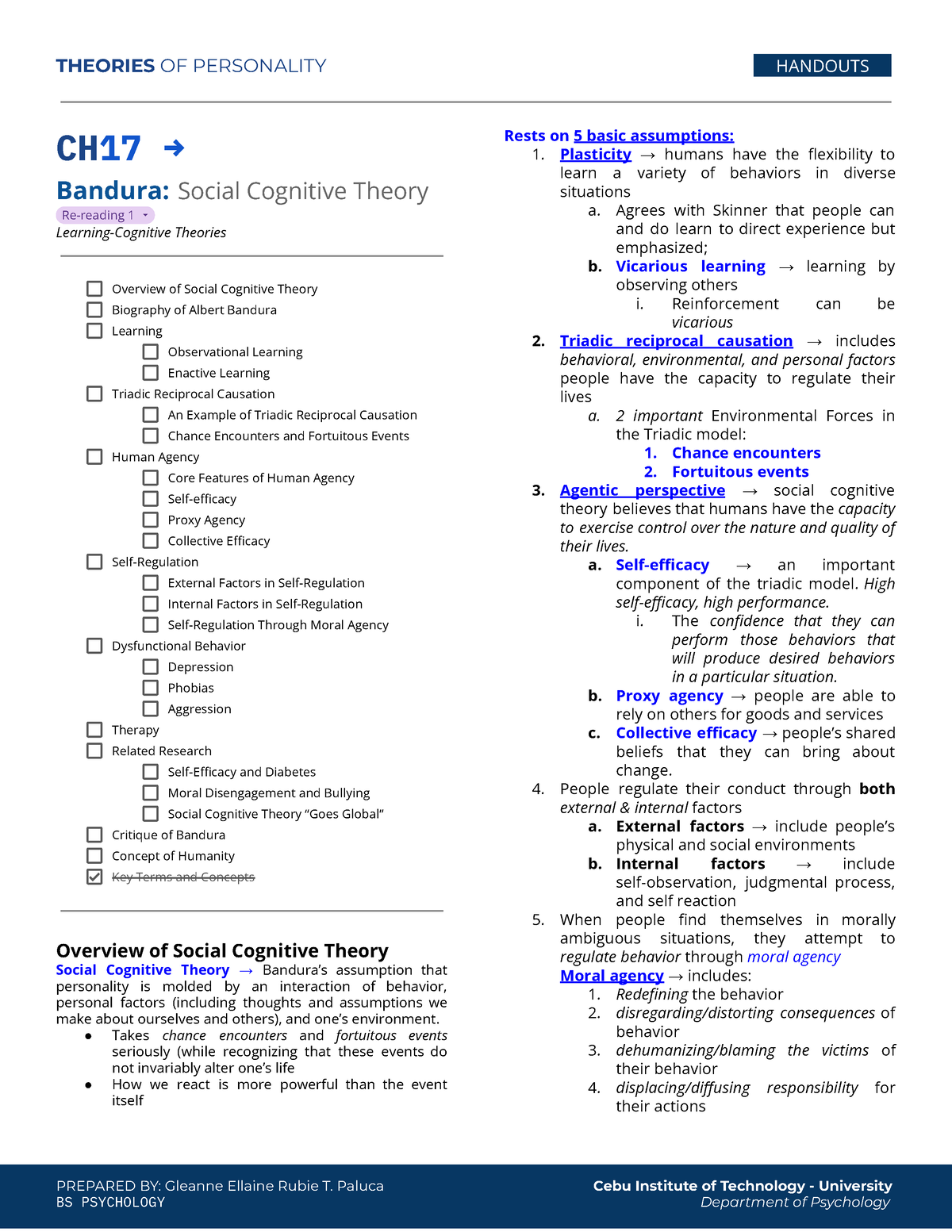 Chapter 17 - Bandura Handouts - CH17 → Bandura: Social Cognitive Theory ...