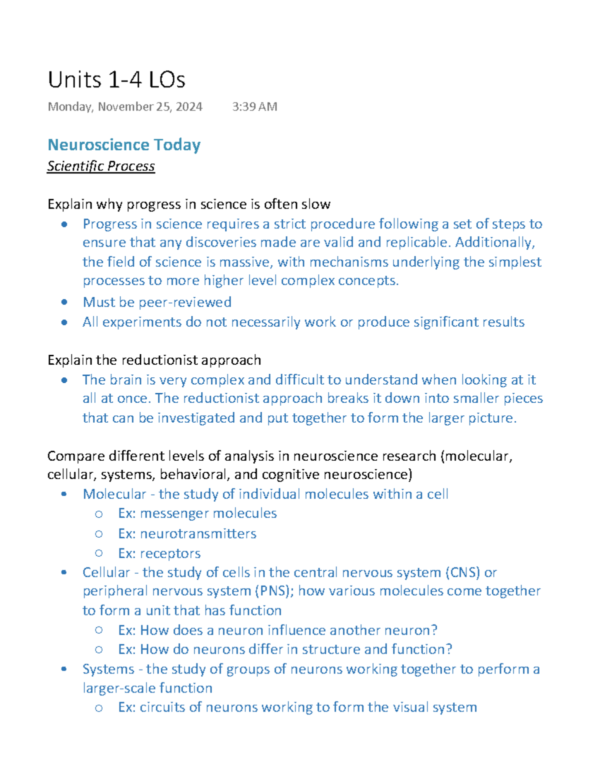 Units 1-4 LOs - Lecture notes - Neuroscience Today Scientific Process ...