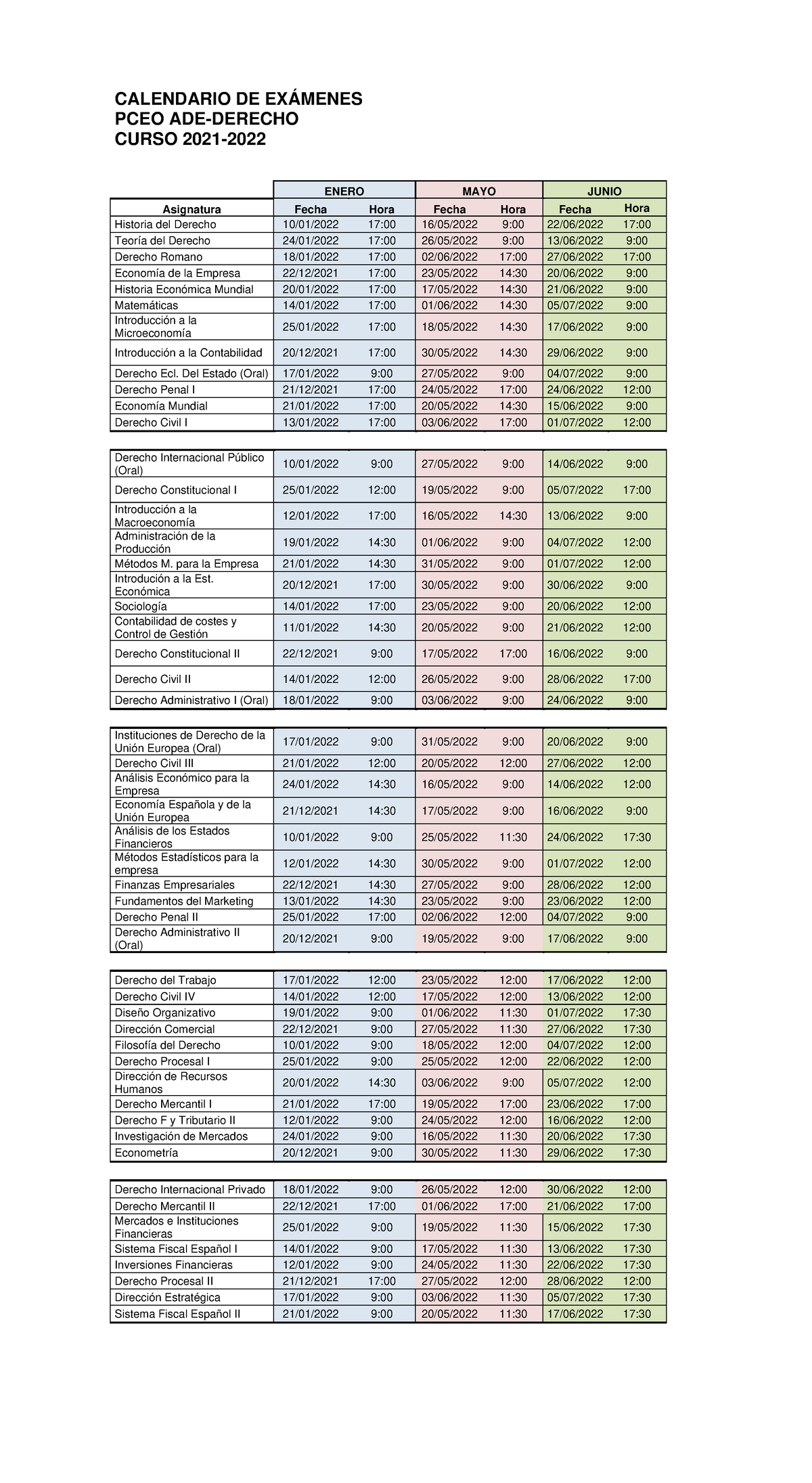 Calendario de exámenes 2021-2022 PCEO ADE Derecho 4 - CALENDARIO DE ...