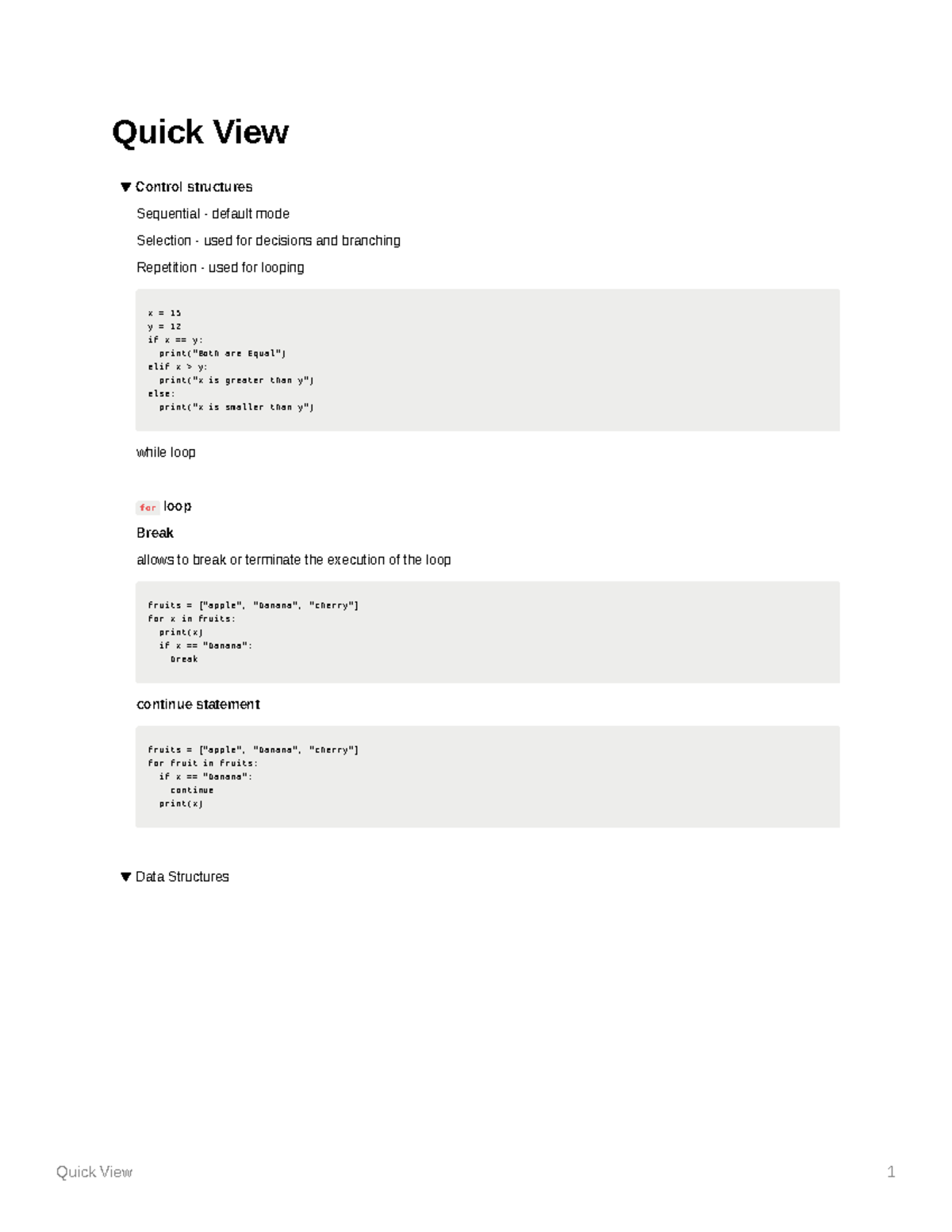 Python Quick View - Quick View Control structures Sequential - default ...