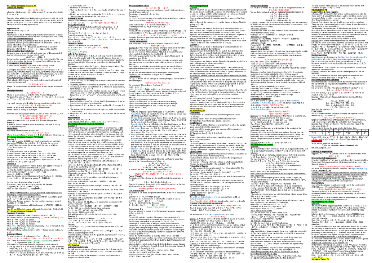 Math Cheat Sheet - W1: Money & Personal Finances P Compound Interest Cn ...
