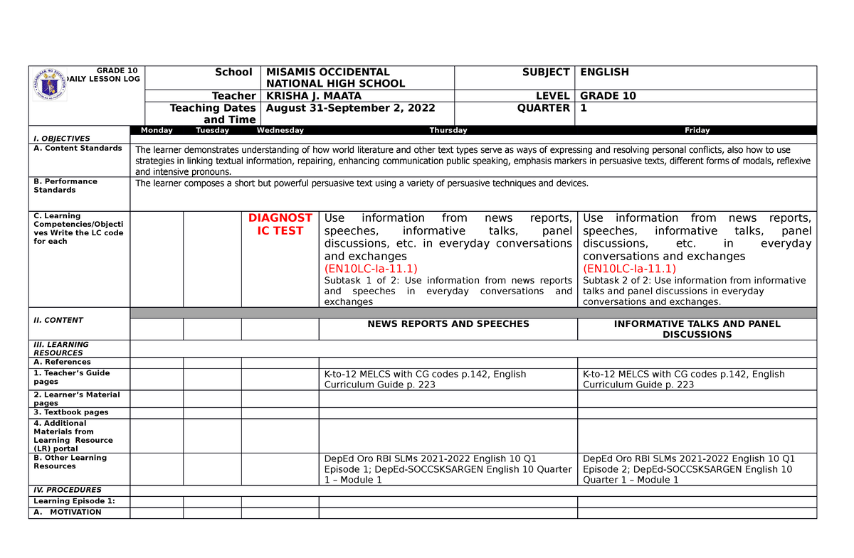 Grade 10 English Q1 Week1 DLL - GRADE 10 DAILY LESSON LOG School ...