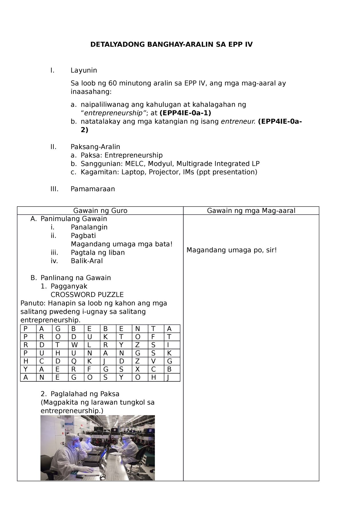 Detalyadong Banghay - DETALYADONG BANGHAY-ARALIN SA EPP IV I. Layunin ...