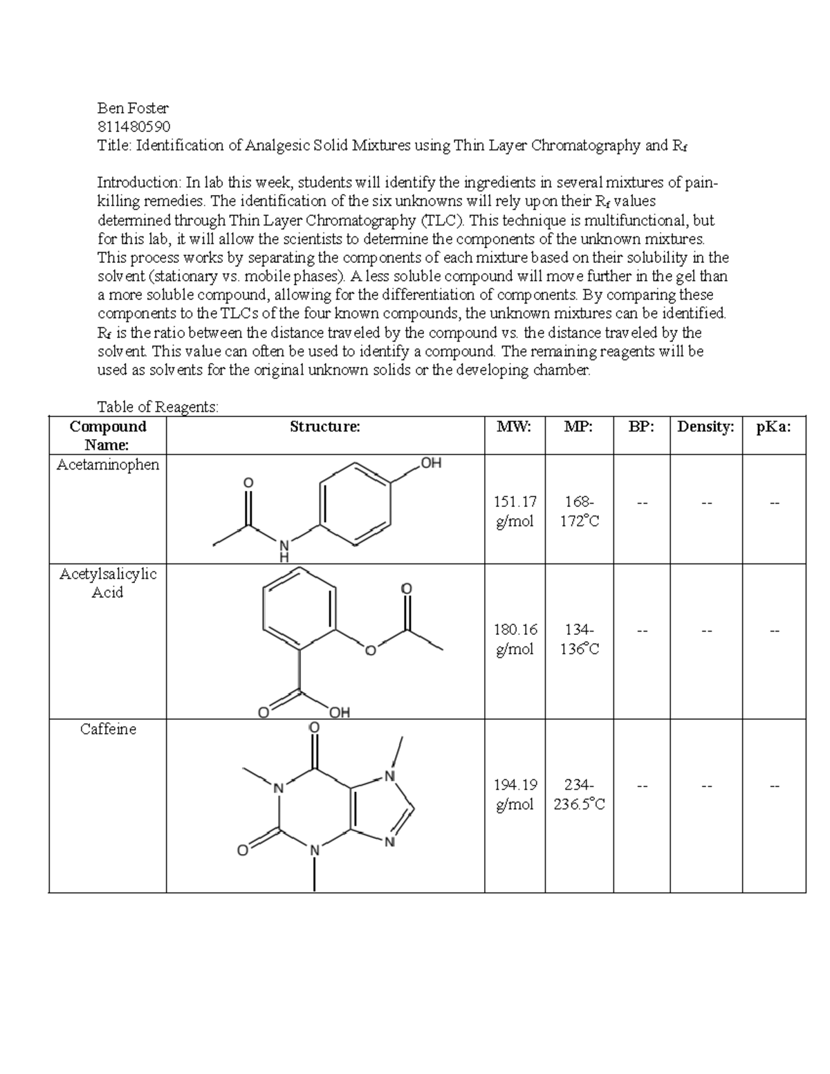 TLC Uga Organic Chem Lab - Ben Foster 811480590 Title: Identification ...