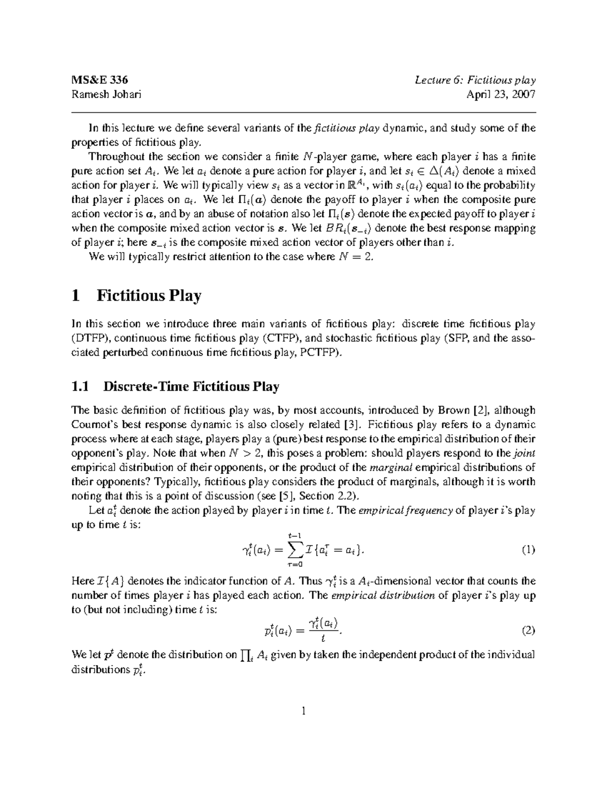 Lecture notes, lecture 6 - Fictitious play - 336 Ramesh Johari Lecture ...