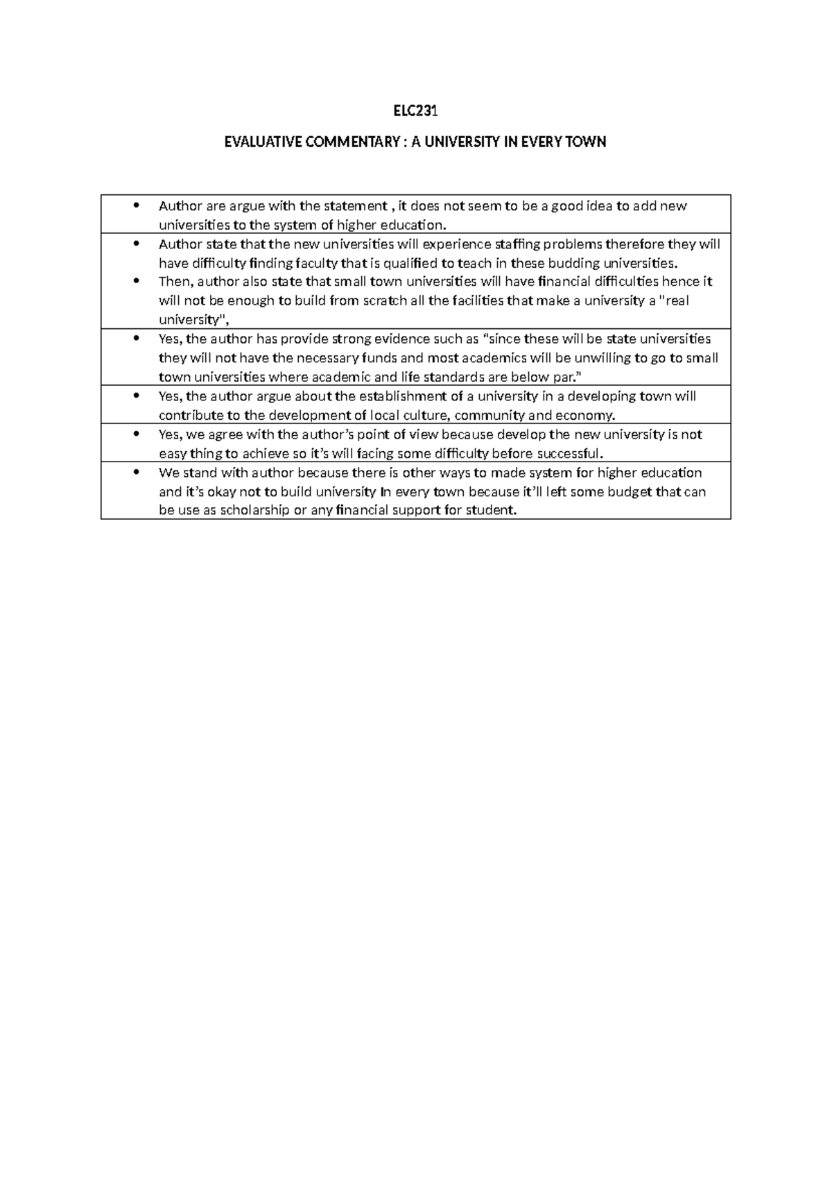 Elc231 Evaluative Commentary Elc Evaluative Commentary A University