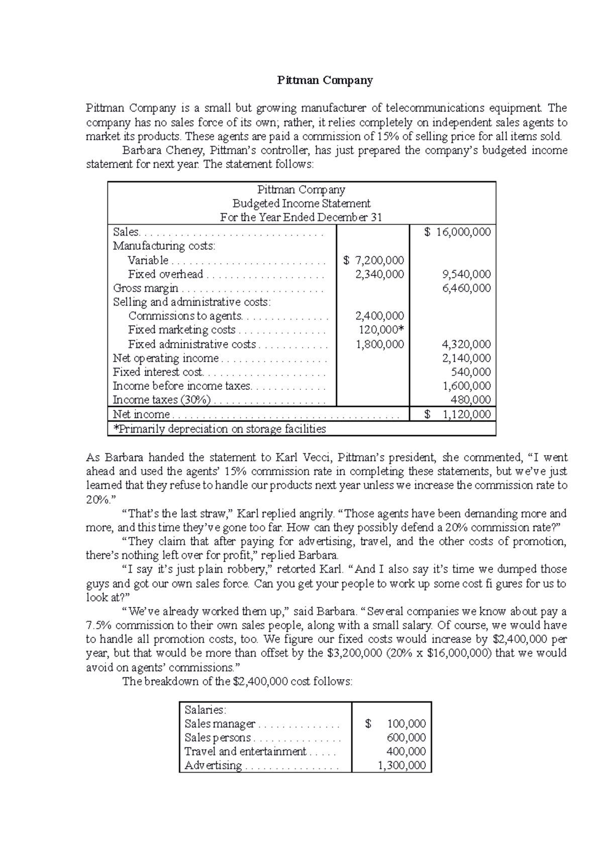 Case Chapter 5 MA Managerial Accounting Pittman Company Pittman