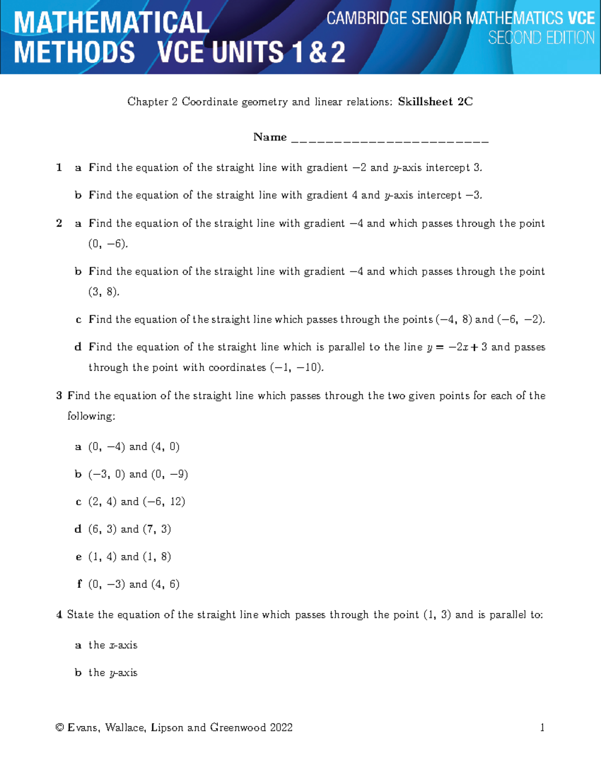 2C-Skillsheet - MATHS CAMBRIDGE METHODS UNIT 1 SAC PRACTICE. - Chapter ...