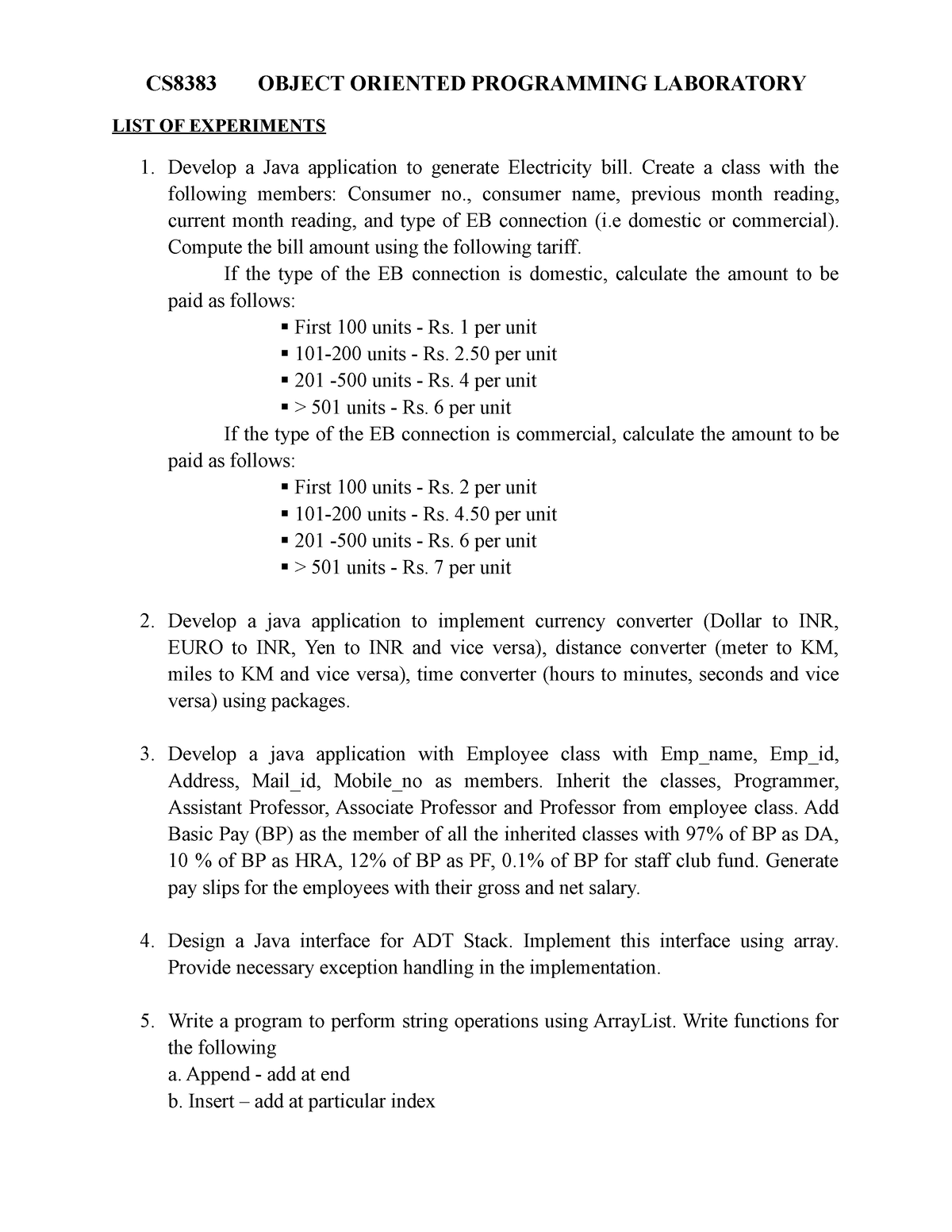 OOPS LAB Manual NEW - CS8383 OBJECT ORIENTED PROGRAMMING LABORATORY ...