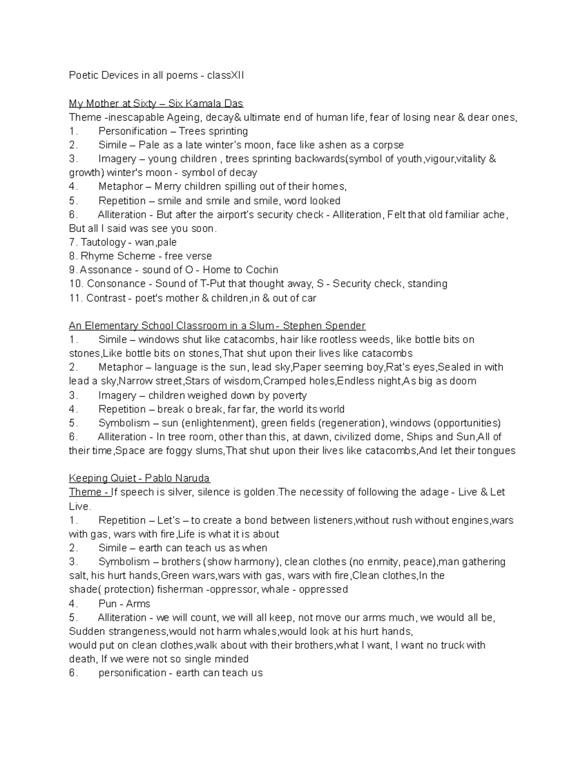 Poetic Devices XII Poetic Devices in all poems classXII My Mother at Sixty Six Kamala Das