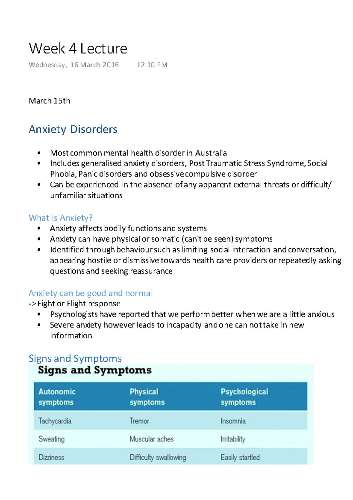 Week 4 Lecture - Anxiety disorders - March 15th Anxiety Disorders Most ...
