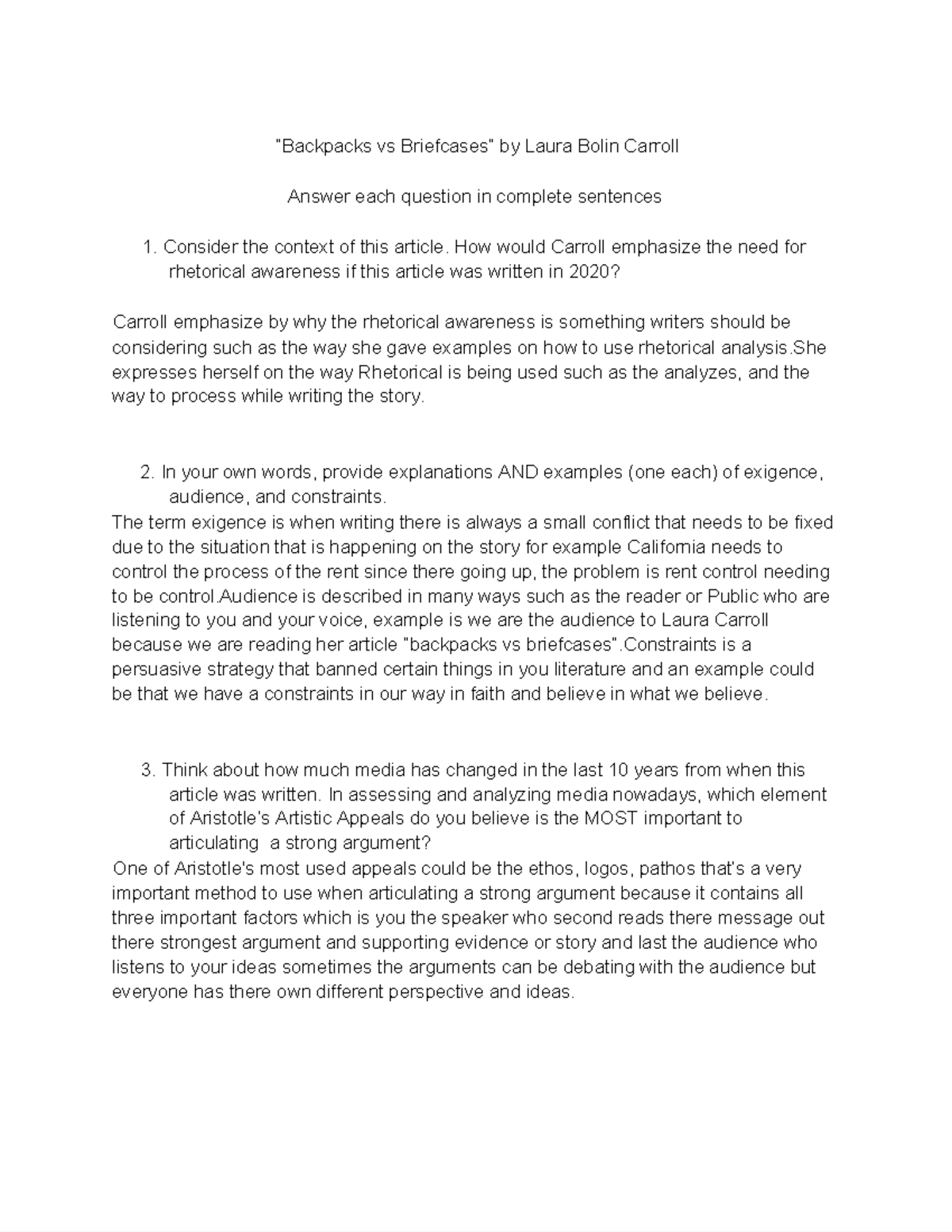 Reading Discussion for Backpacks vs Briefcases 32 “Backpacks vs