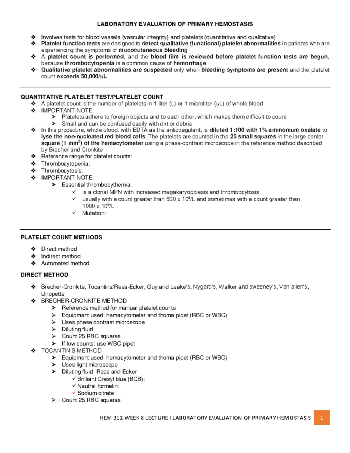 13 HEM 312 WEEK 9 Lecture student's copy - LABORATORY EVALUATION OF ...
