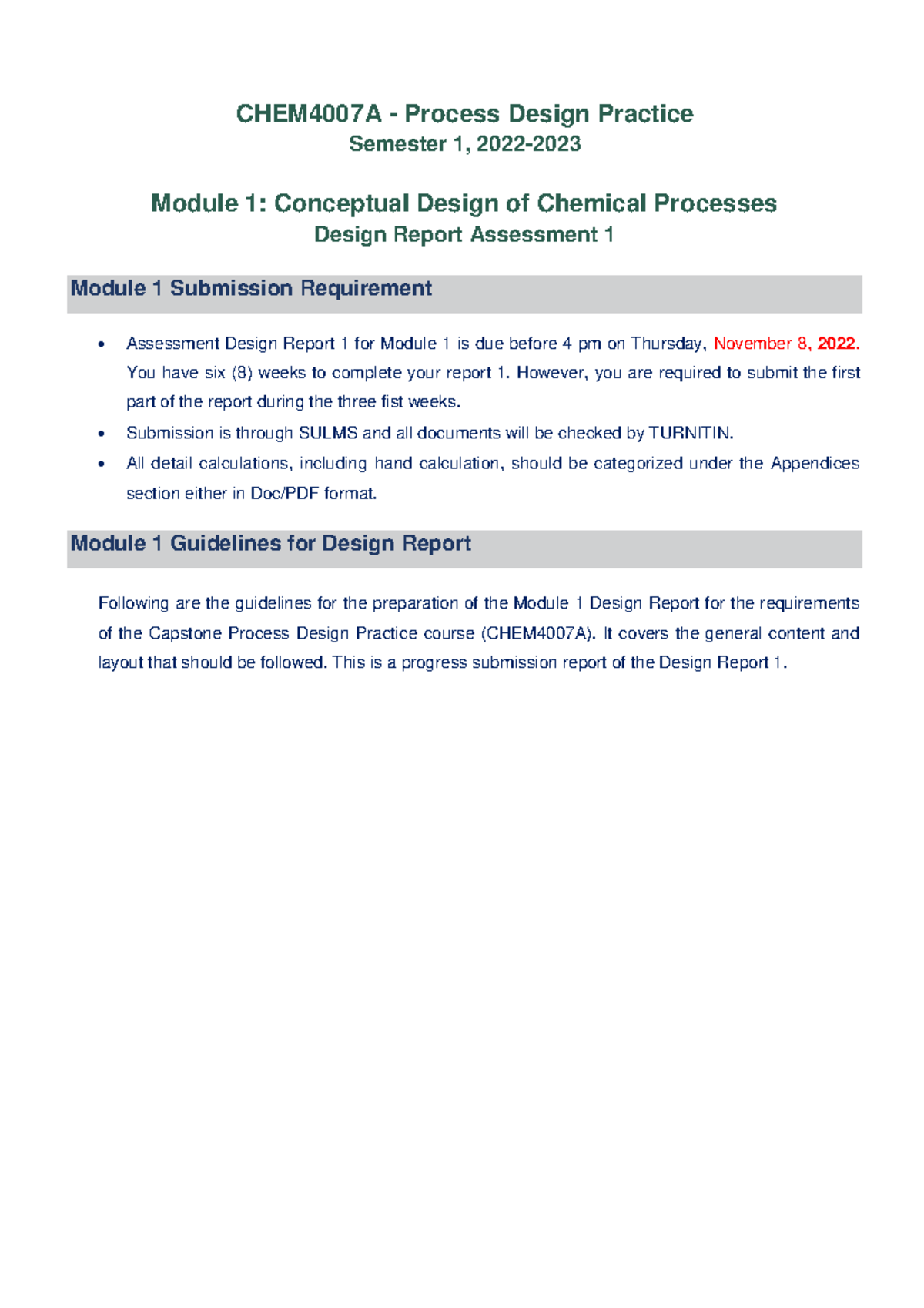 Module 1 Design Project Assessment 1 - CHEM4007A - Process Design ...