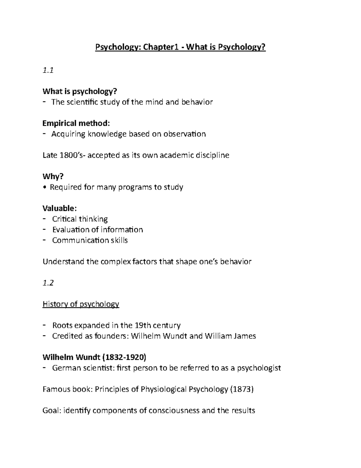 Psychology 1- Notes - Psychology: Chapter1 - What Is Psychology? 1 ...