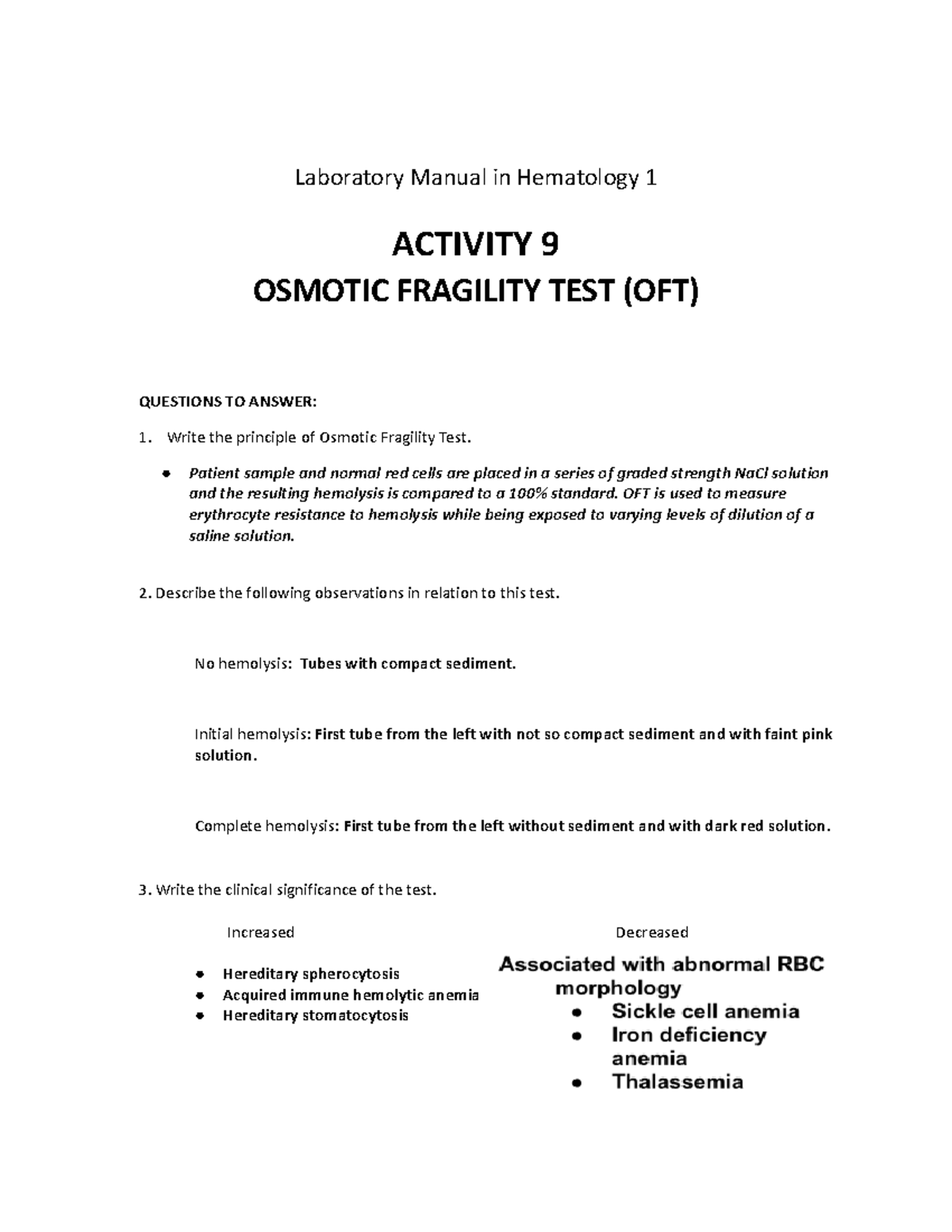Osmotic fragility test and Retic count Laboratory Manual in Hematology 1 ACTIVITY 9 OSMOTIC
