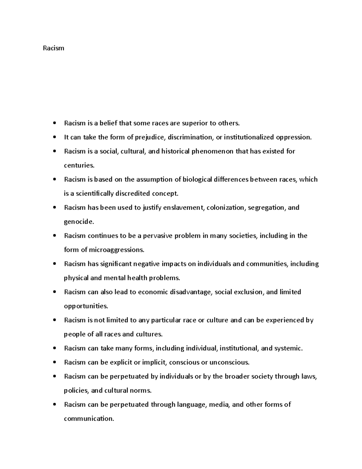 Racism discrimination notes - Racism Racism is a belief that some races ...