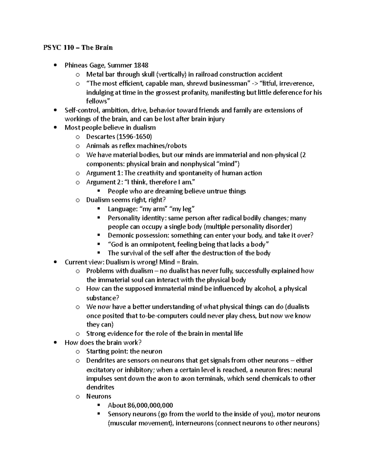 Yale Psyc 110 Notes - Ai N Phineas Gage, Summer 1848 O Metal Bar ...