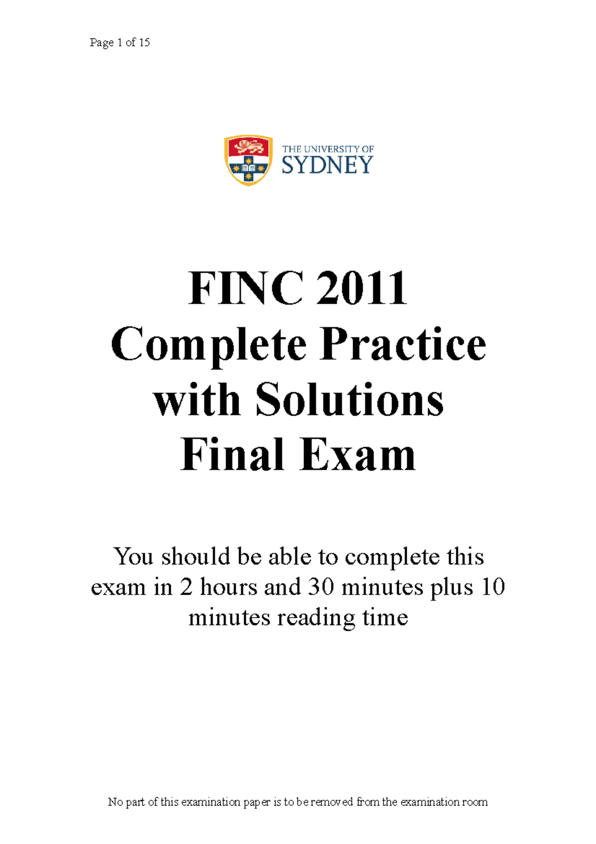 Sample/practice Exam, Questions And Answers - Page 1 Of 15 FINC 2011 ...