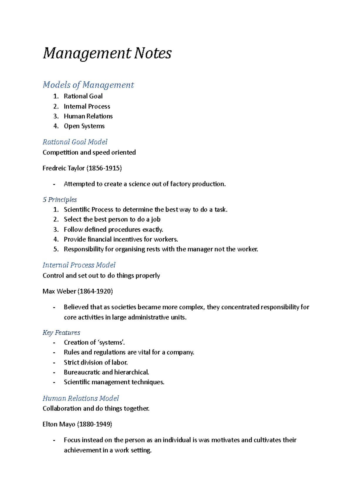 Business exam notes - Management Notes Models of Management Rational ...