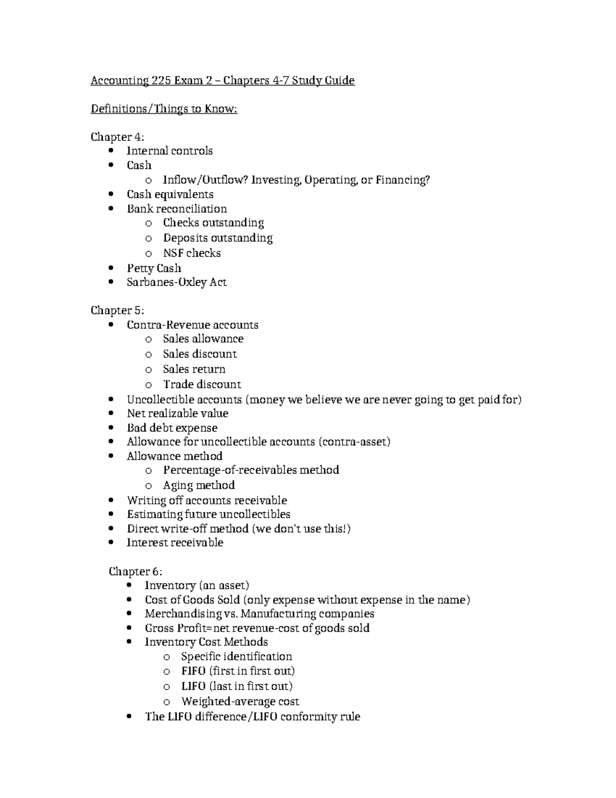 ACCT 225 Exam 2 Study Guide - Accounting 225 Exam 2 – Chapters 4-7 ...