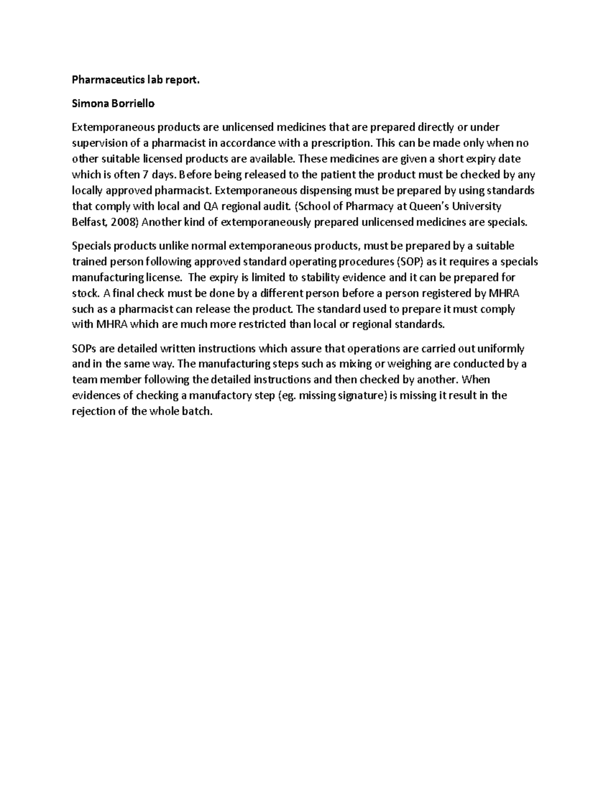 Extemporaneous vs Specials Pharmaceutics lab report. Simona Borriello