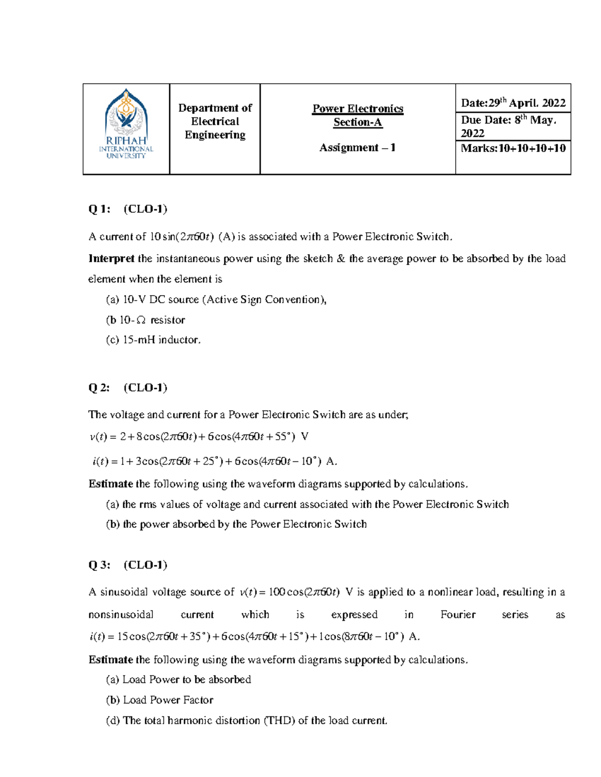 Assignment No.1 (Power Electronics)-2022 - Department of Electrical ...