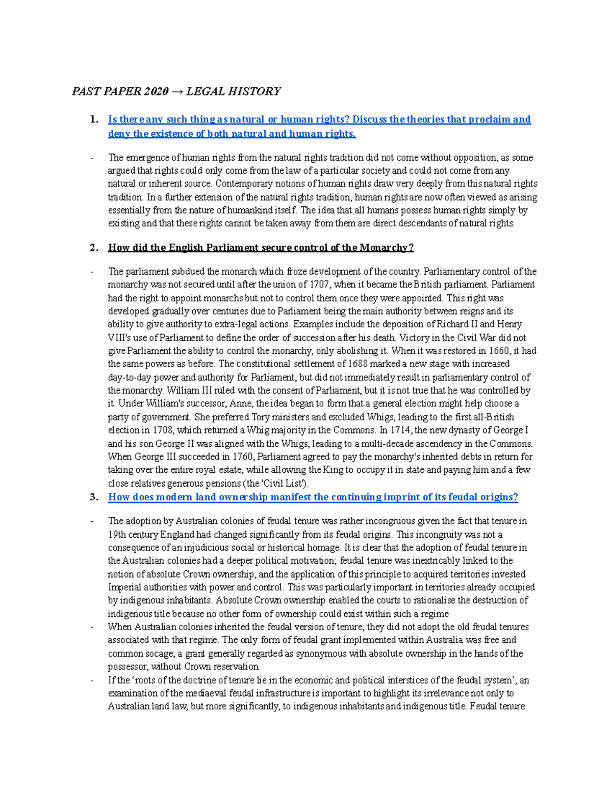 Legal history past paper qu - PAST PAPER 2020 → LEGAL HISTORY 1. Is ...