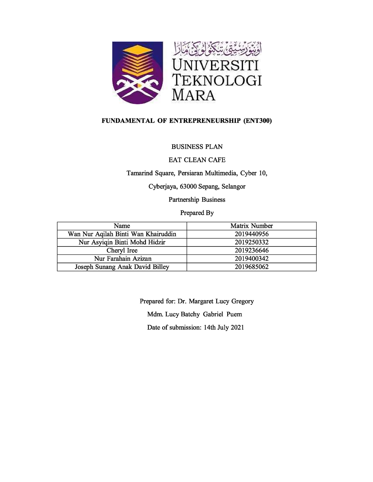 ent 300 business plan cafe