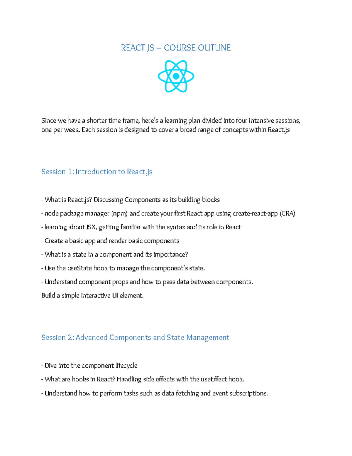 React JS Course Outline - Session wise - REACT JS – COURSE OUTLINE ...