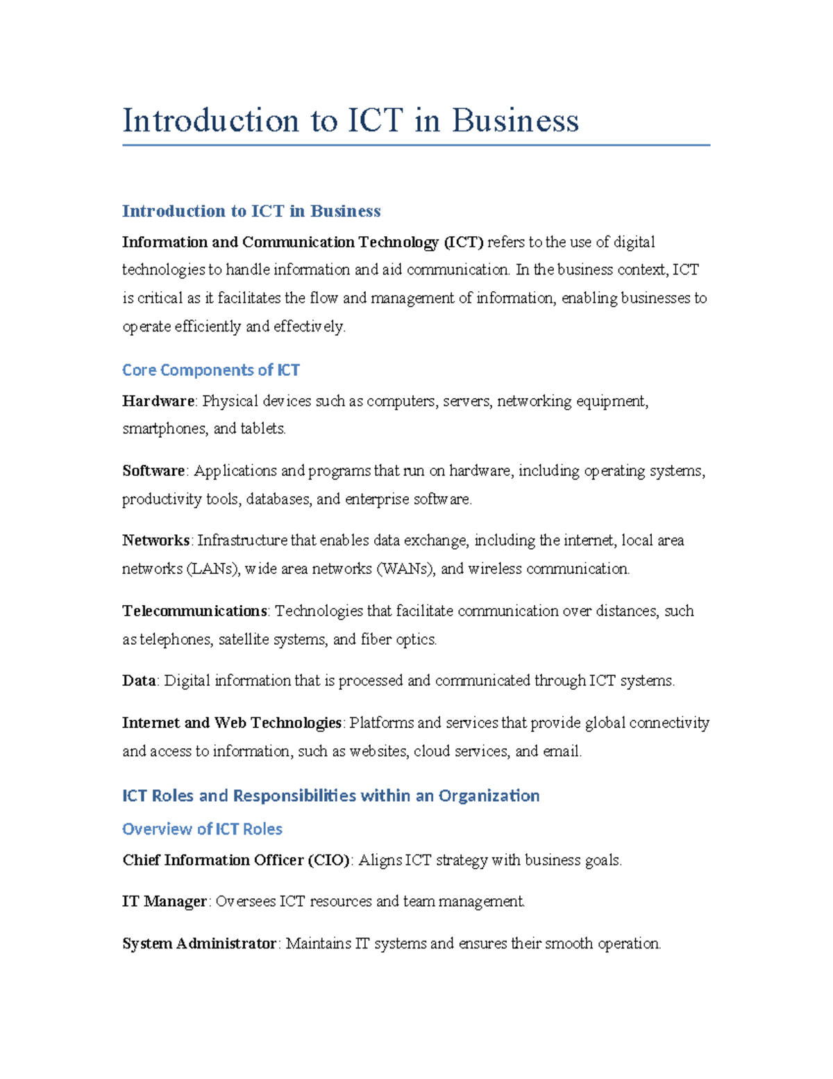 Introduction to ICT in Business Lecture Notes - Introduction to ICT in ...