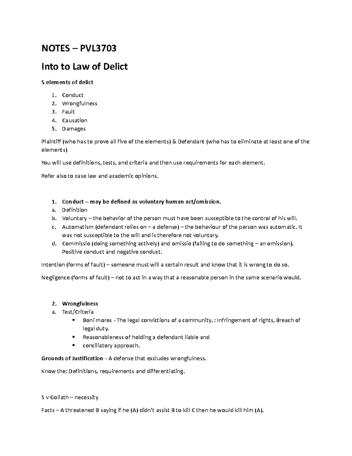 MY Notes NOTES PVL Into to Law of Delict 5 elements of delict 1