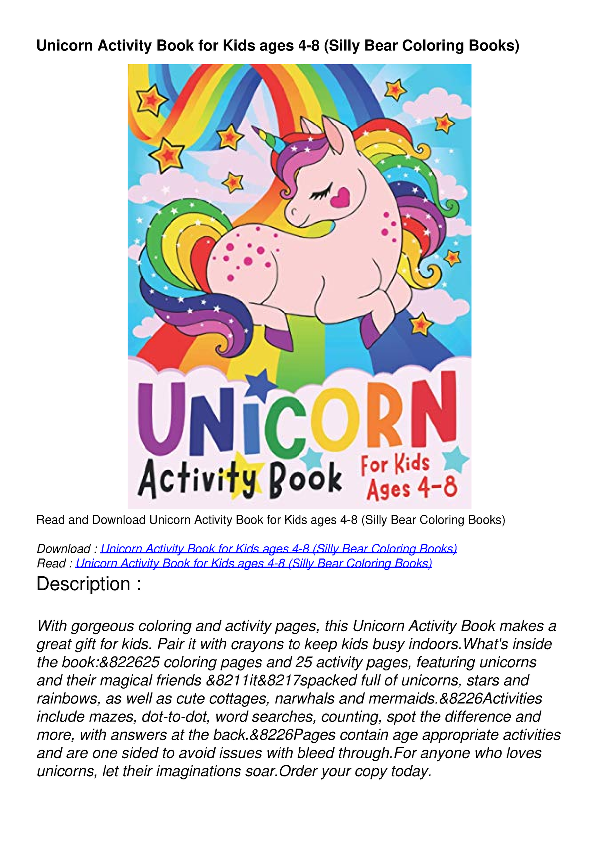 Download Book [PDF] Unicorn Activity Book for Kids ages 48 (Silly Bear