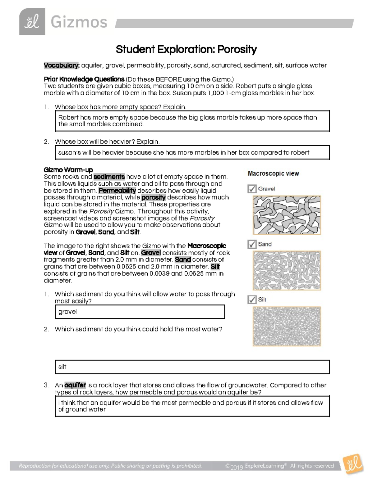 Porosity Gizmo for APES Student Exploration Porosity Vocabulary