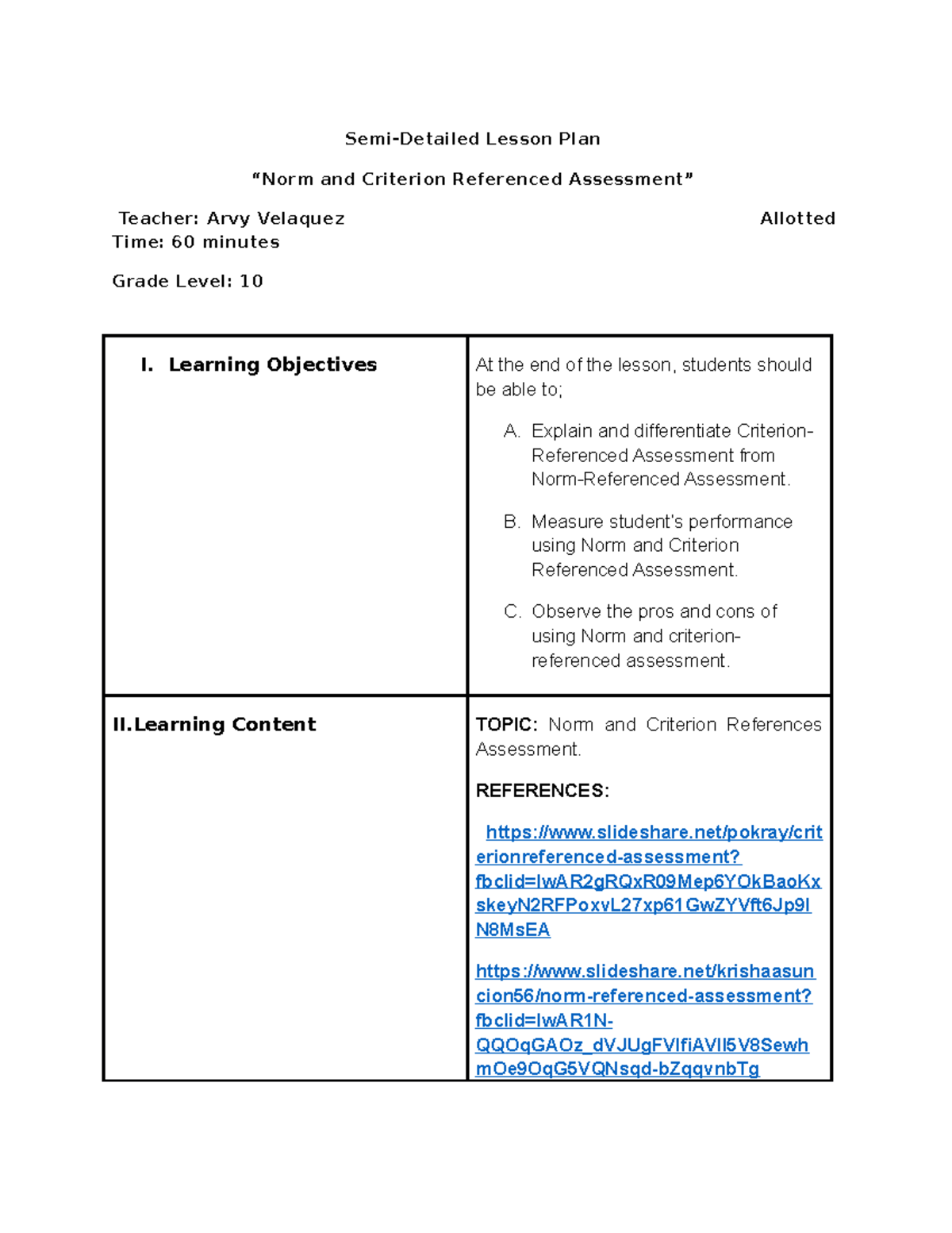 SLP None SemiDetailed Lesson Plan “Norm and Criterion Referenced