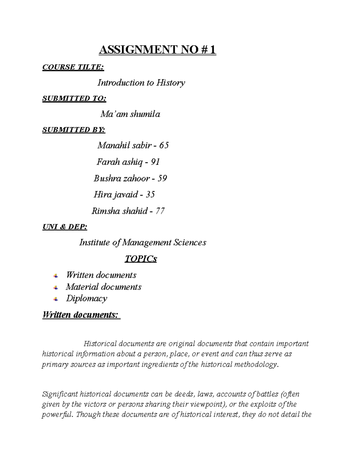 Assignment history - CVVDB - ASSIGNMENT NO # 1 COURSE TILTE ...