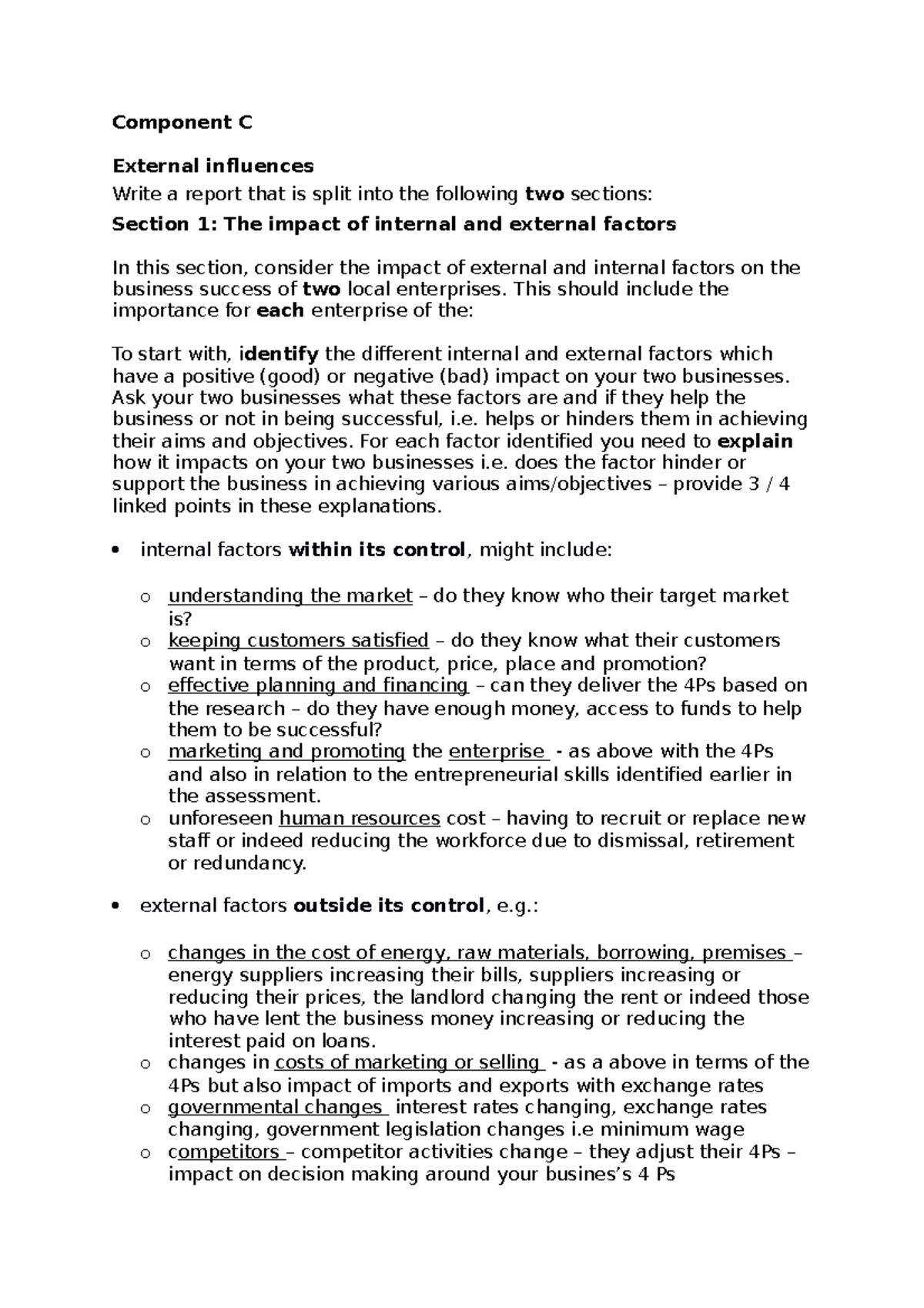 Component C writing frame - Component C External influences Write a ...
