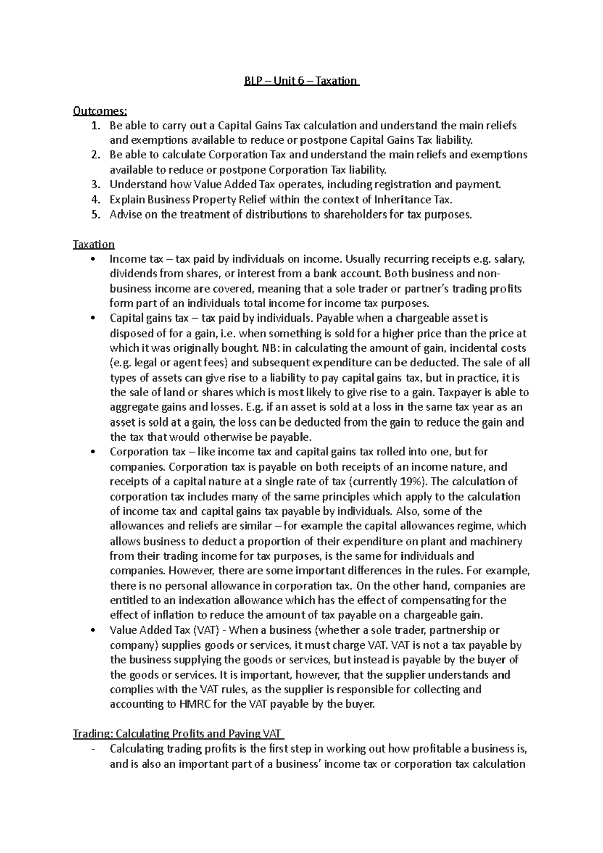 BLP - Unit 6 - Taxation - BLP - BLP – Unit 6 – Taxation Outcomes: 1. Be ...