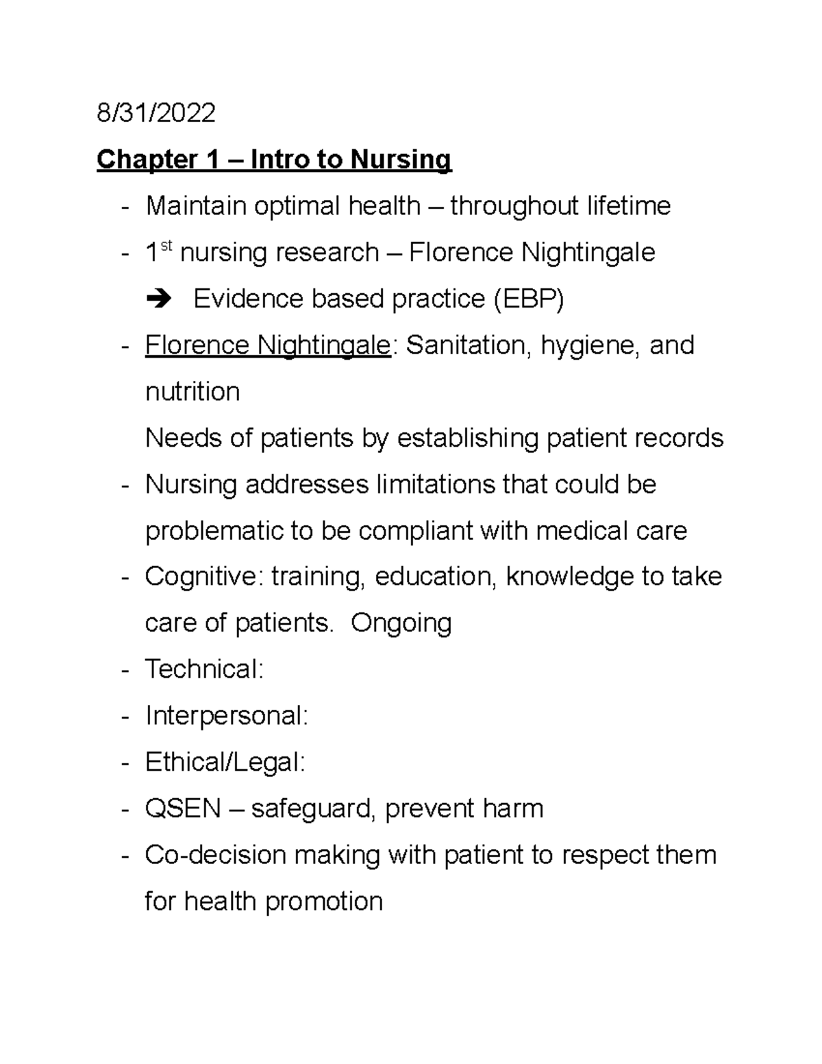 Care Management Lecture - 8/31/ Chapter 1 – Intro to Nursing - Maintain ...