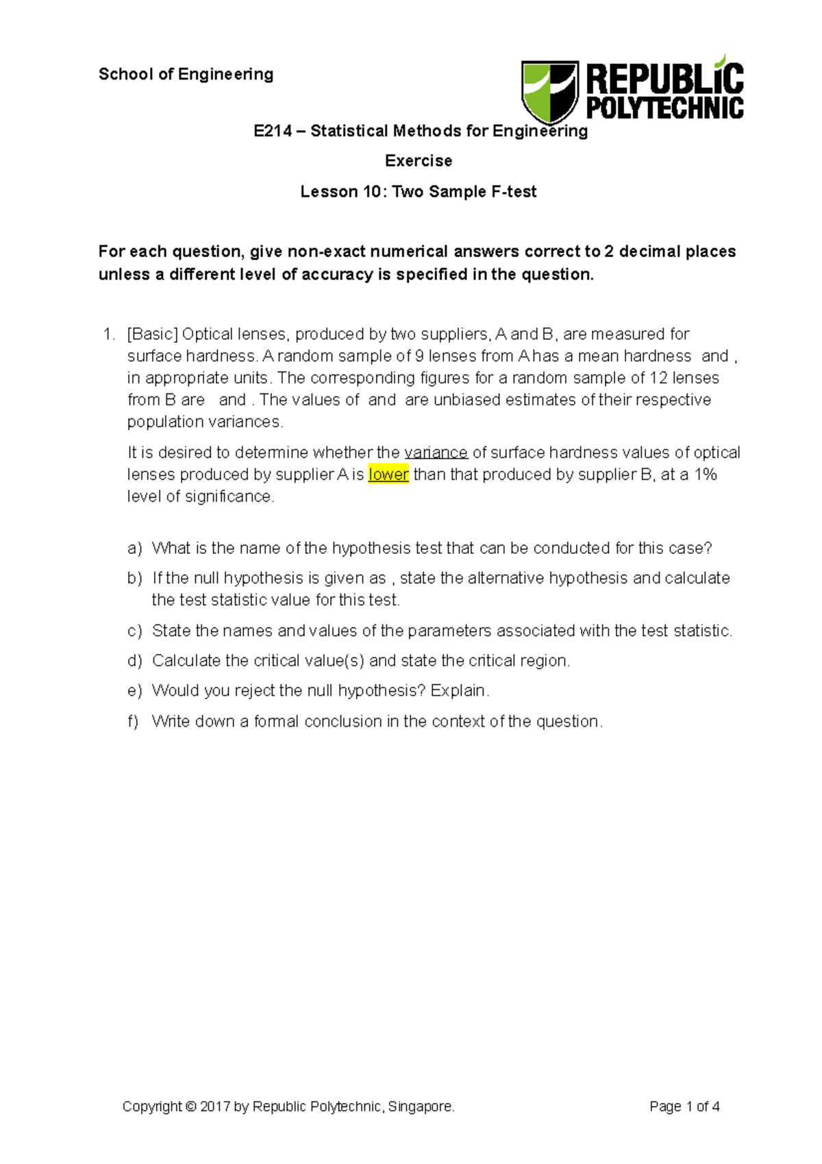 E214 Lesson 10 (Exercise) E214 Statistical Methods for Engineering
