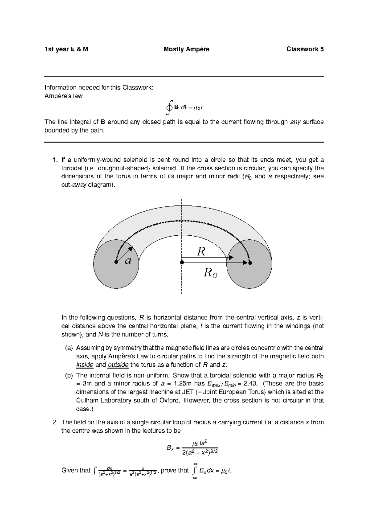 E&M 2014-2015 Classwork 5 - 1st year E & M Mostly Ampere` Classwork 5 ...