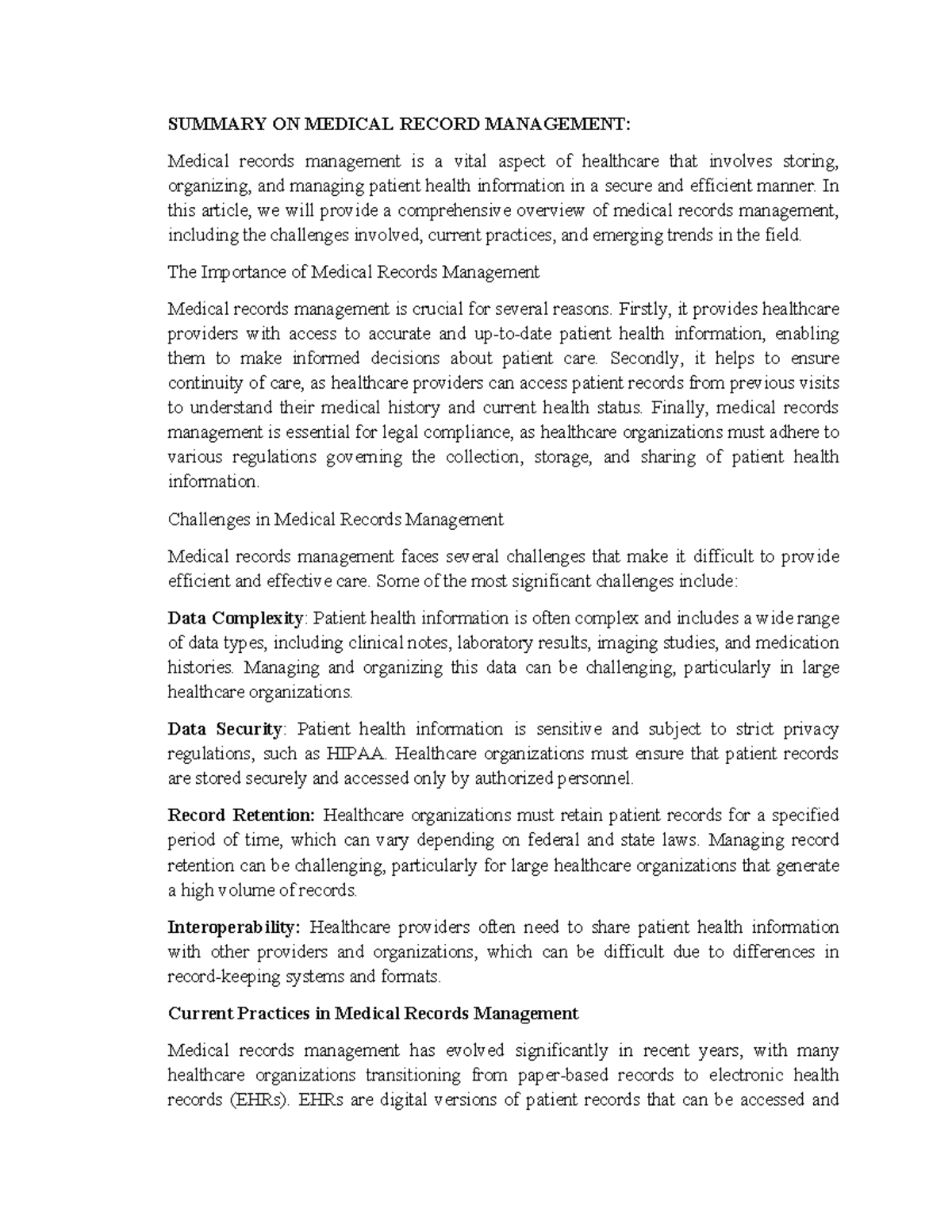 Summary ON Medical Reports AND Managment SUMMARY ON MEDICAL RECORD MANAGEMENT Medical records